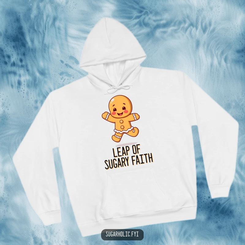 Funny Gingerbread Man Hoodie with a blushing character in a happy leap, a warm and funny gift.