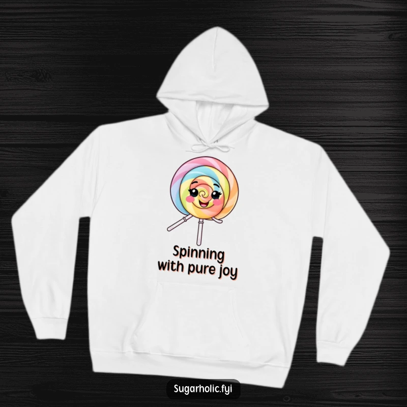 Funny Hoodie: A cozy sweatshirt showcasing a smiling lollipop character engaged in a delightful spin, expressing pure, uninhibited joy.