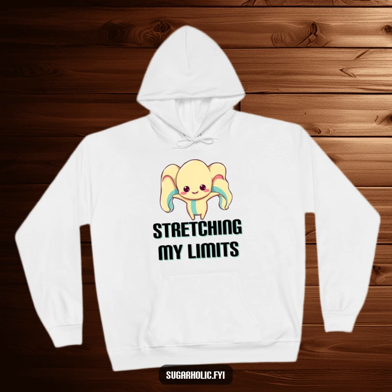 Funny taffy character hoodie, humorously stretched into a distorted shape, offering warmth and a playful, stretchy design.