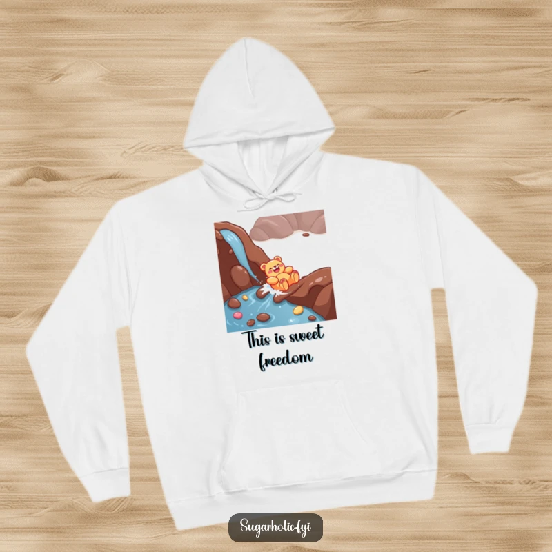 Funny Gummy Bear Hoodie: A giggling character happily sliding down a chocolate river, perfect for staying warm and smiling.