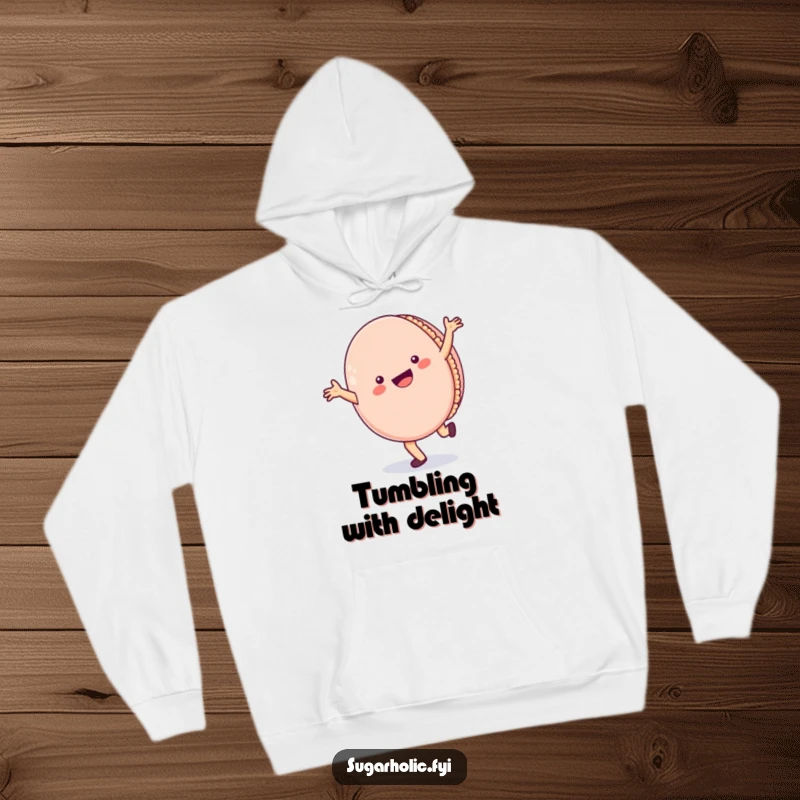 Funny Hoodie: A comfortable hooded sweatshirt displaying a cheerful macaron character performing a cartwheel with a wide, beaming smile.