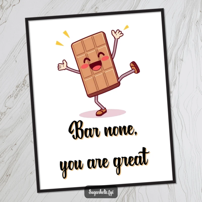 Funny free printable wall art featuring a thrilled chocolate bar character performing an athletic and joyful cartwheel, full of energy.