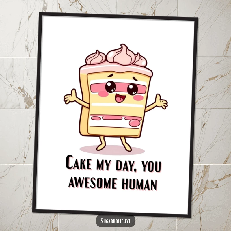 Funny Free Printable Wall Art: A slice of cake performs a silly dance, frosting splattered, radiating pure joy.