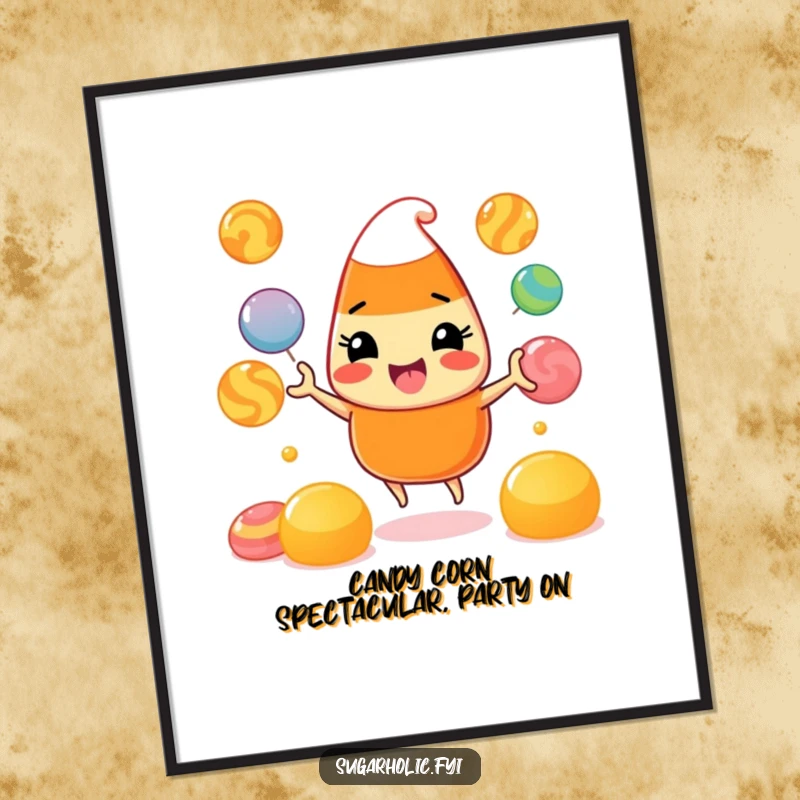 Funny Free Printable Wall Art: A beaming candy corn character juggles colorful gumdrops with impressive skill and a big smile.