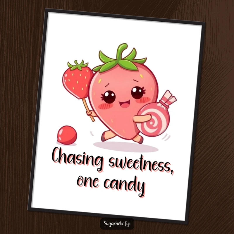 Funny Free Printable Wall Art: Blushing strawberry in hot pursuit of a runaway piece of candy, a humorous and charming scene.