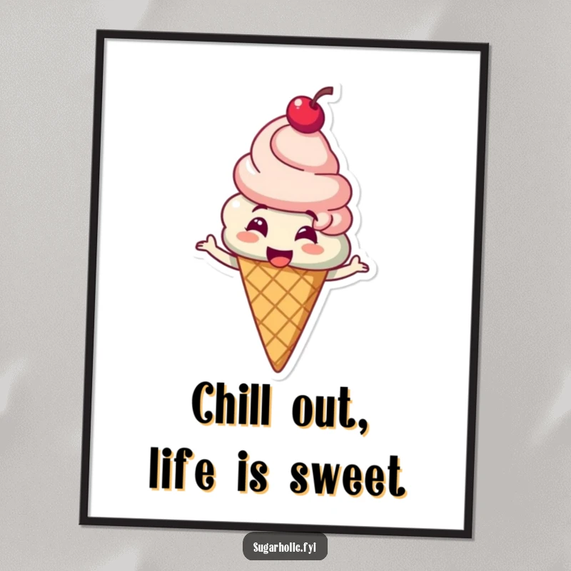 Funny Free Printable ice cream cone with a cherry on top, spinning joyfully, creating a whimsical and fun art piece.