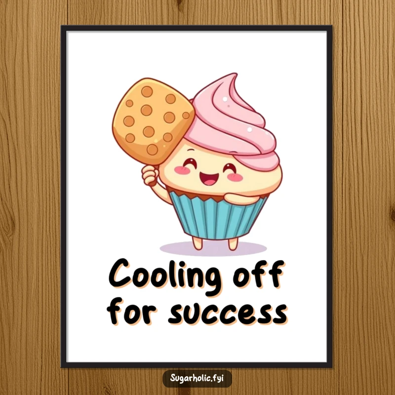 Funny Free Printable Wall Art: A cheerful cupcake character comically fanning itself with a giant wafer, radiating cool vibes.
