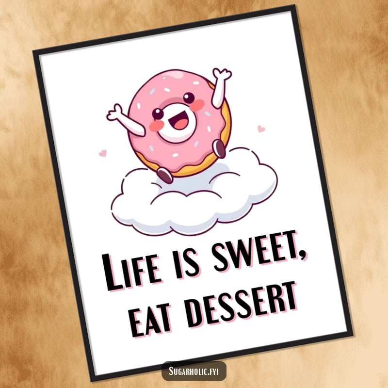 Funny Free Printable Doughnut Wall Art: A delighted doughnut character doing a cartwheel on a sugary cloud, creating whimsical decor.