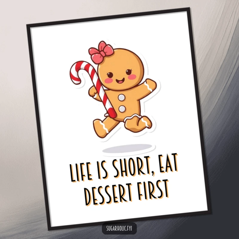 Funny Free Printable Wall Art: A playful gingerbread cookie skips gleefully, candy cane swinging, perfect for a whimsical touch.