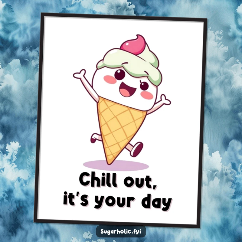 Funny Free Printable Wall Art: A happy ice cream cone does a cartwheel, sprinkles flying, bringing a playful vibe.