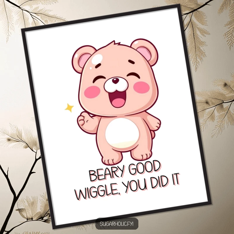 Funny Free Printable Gummy Bear Wall Art: Thrilled character doing a celebratory wiggle, adding vibrant, humorous downloadable art to any room.