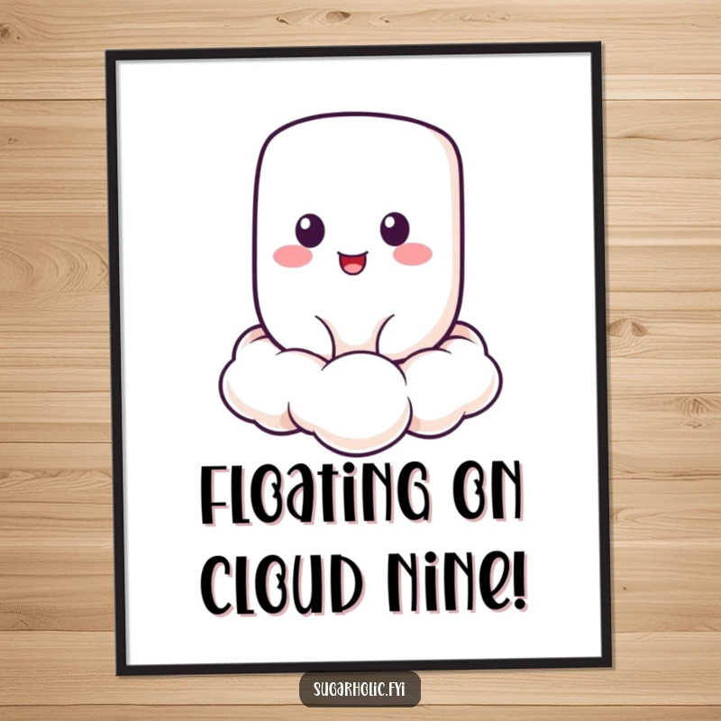 Free printable wall art of a cheerful marshmallow character peacefully floating serenely on a soft, fluffy cloud.