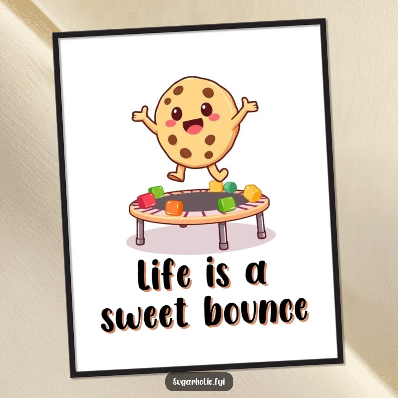 Funny Free Printable Wall Art of a cookie character joyfully bouncing high on a trampoline made of colorful gummy bears.