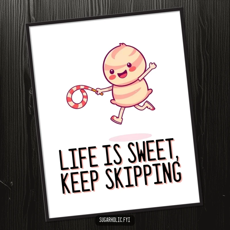 Funny Free Printable Wall Art: Smiling candy character skipping rope with licorice whip, leaving a trail of sparkles, perfect downloadable decor.