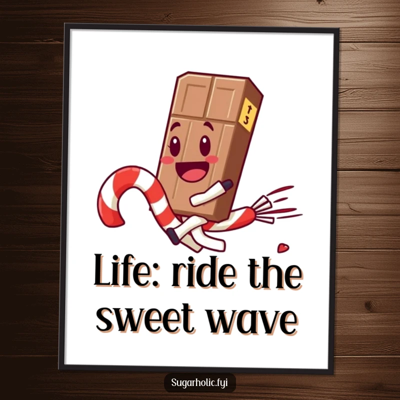 Funny Free Printable Wall Art: A chocolate bar character joyfully rides a runaway candy cane, a whimsical and humorous scene.
