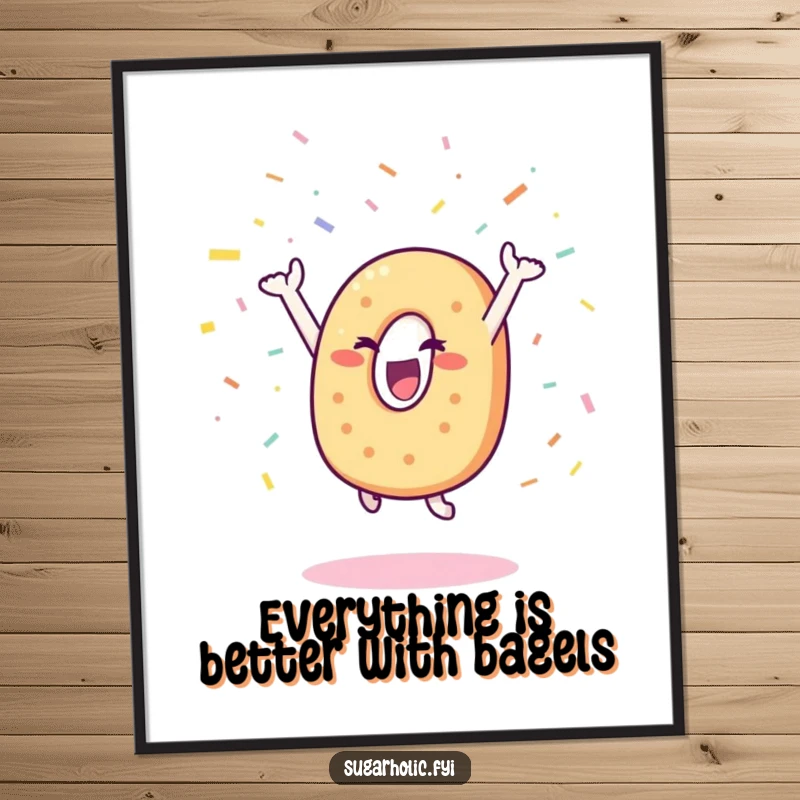 Funny Free Printable Wall Art: Happy bagel character leaping with joy, showering confetti, festive food art, perfect downloadable decor.