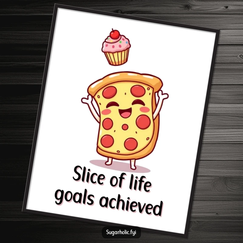 Funny Free Printable Wall Art: A grinning pizza joyfully tossing a mini cupcake, whimsical food art, perfect downloadable decor.