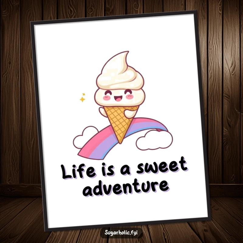 Funny Free Printable Wall Art: A gleeful ice cream cone character enjoys a thrilling slide down a bright rainbow.