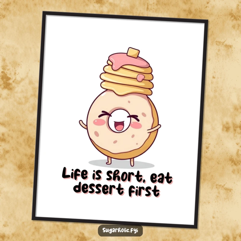 Funny Free Printable Wall Art of a winking donut character balancing a delightful stack of pancakes on its head.