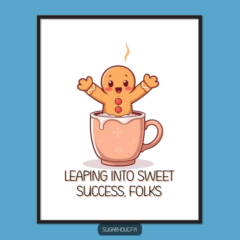 Free Printable Wall Art: Surprised Gingerbread Man Cocoa Leap Funny Downloadable Decor