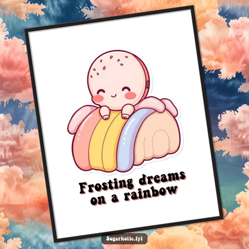 Funny Free Printable Wall Art: Blushing macaroon character sliding down a vibrant frosting rainbow, whimsical and sweet.