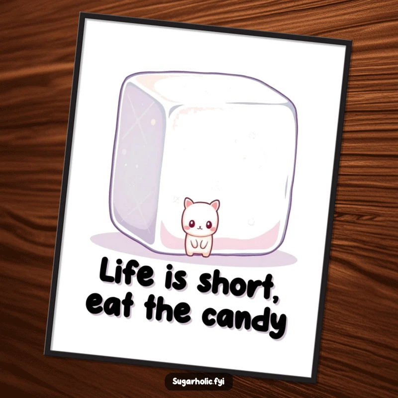 Funny free printable wall art of a shy candy character peeking from behind a giant, sparkling sugar cube.