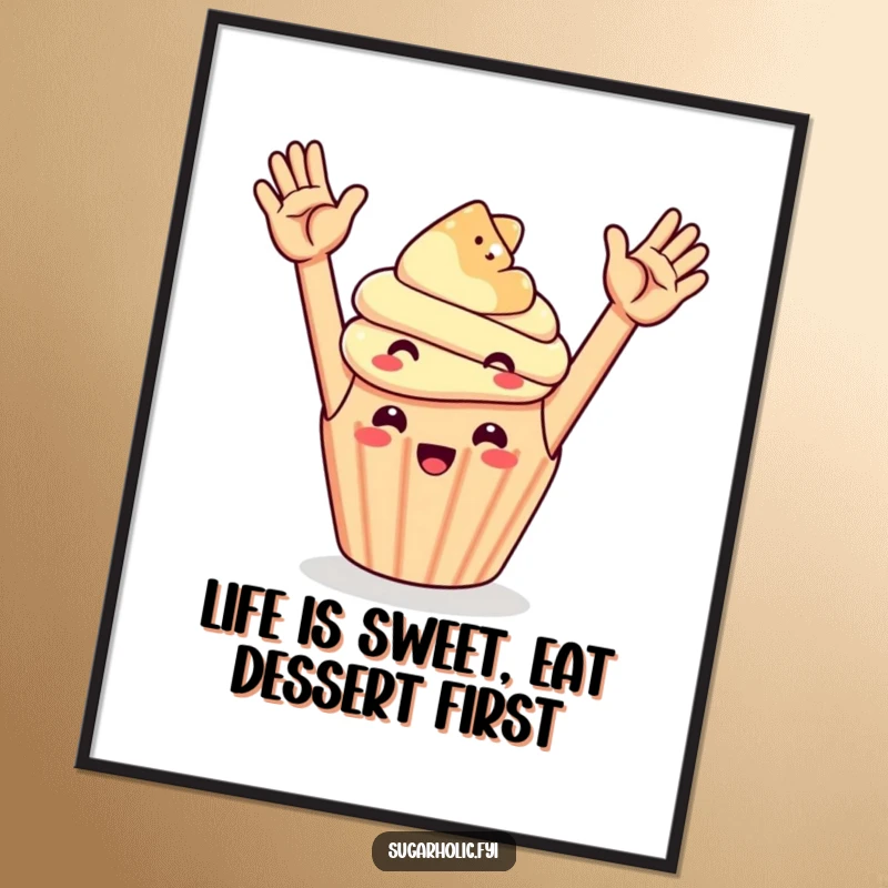 Funny free printable wall art depicting a cheerful cupcake high-fiving a floating gummy bear.