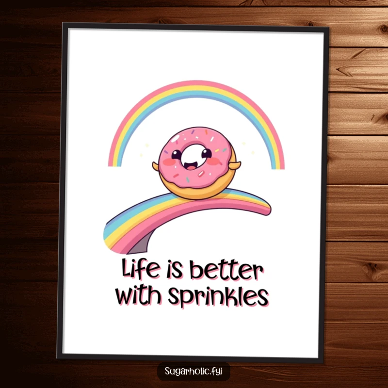 Funny free printable wall art of a happy donut character comically sliding across a colorful rainbow bridge.