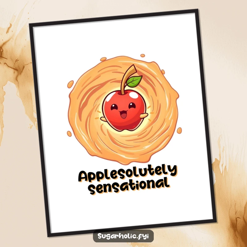 Funny free printable wall art featuring a radiant candy apple character joyfully spinning within an enchanting and gooey caramel vortex.