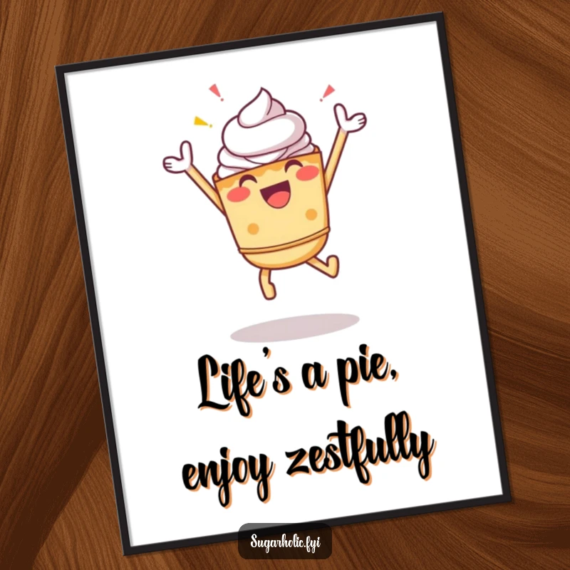 Funny Free Printable Wall Art: A cheerful pie character jumps high with zest, bringing a burst of joy to your walls.