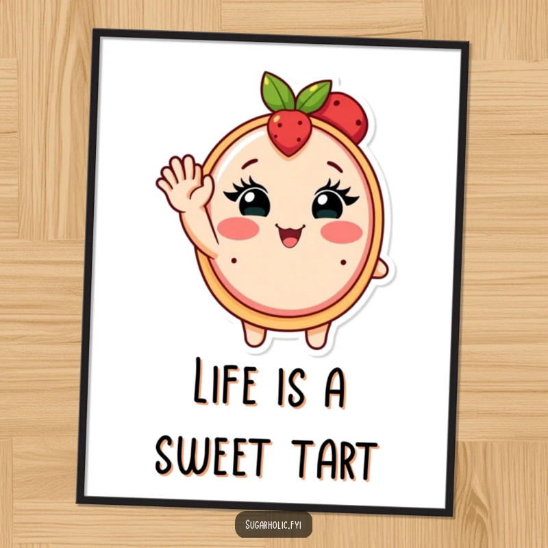 Funny free printable wall art of a blushing fruit tart with charming eyelashes waving enthusiastically with delight.