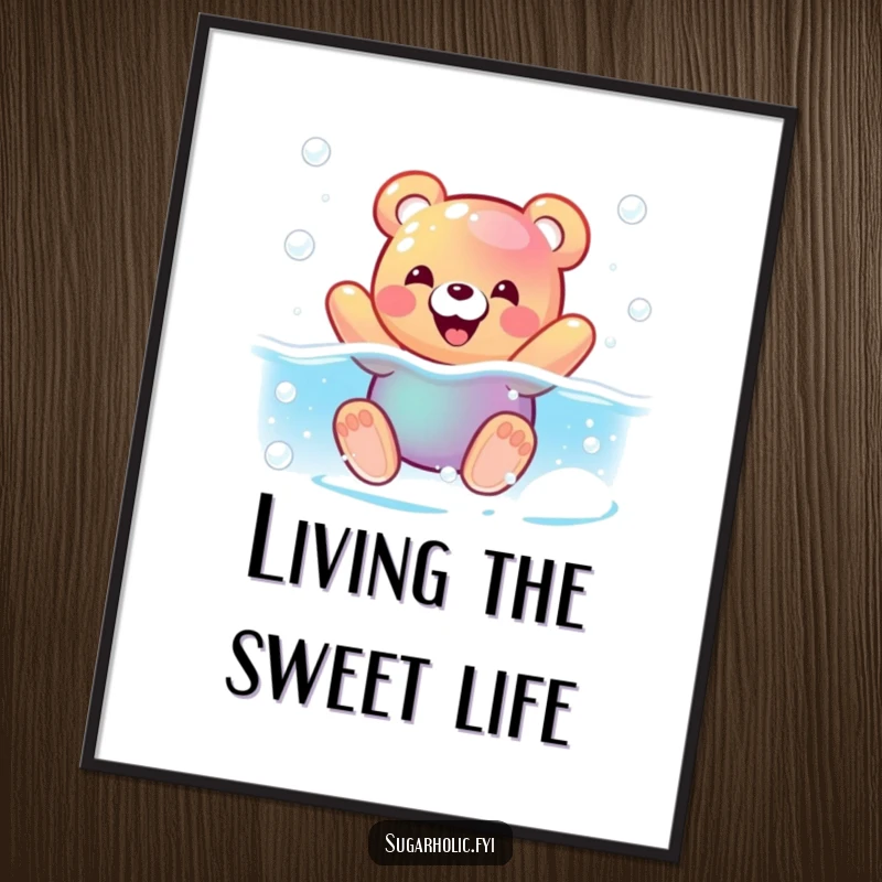 Funny free printable wall art of a gleeful gummy bear character having a fantastic time swimming in a vibrant, fizzy soda pool.