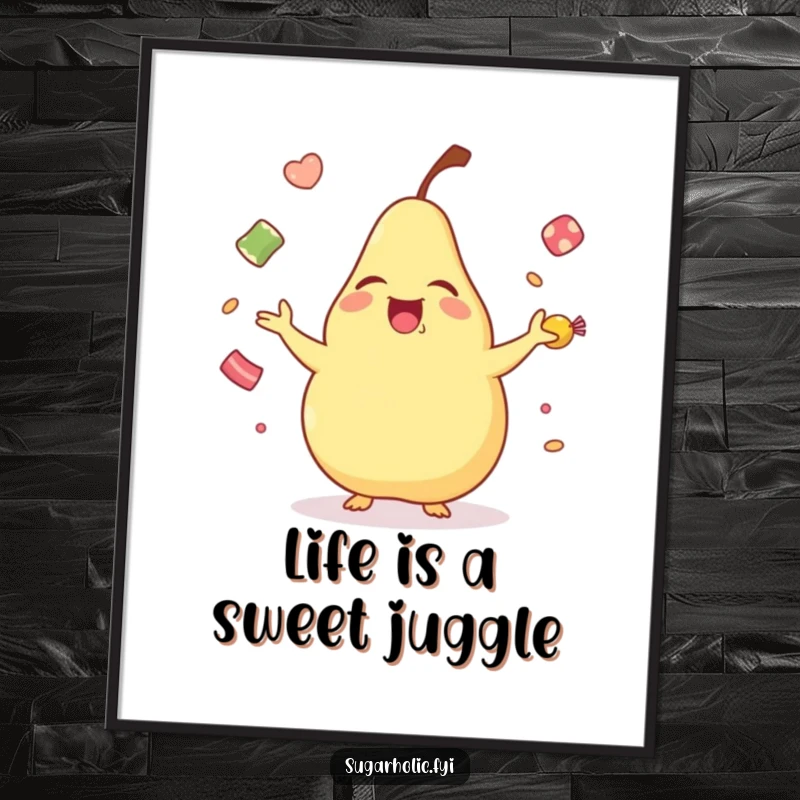 Funny Free Printable Wall Art featuring a laughing pear in mid-air, expertly juggling colorful candies.