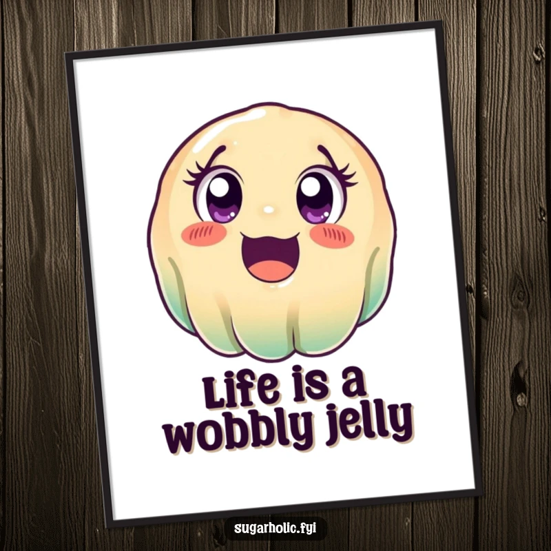 Funny Free Printable Wall Art depicting a wobbly jelly mid-roll with wide, ecstatic eyes, full of delight.