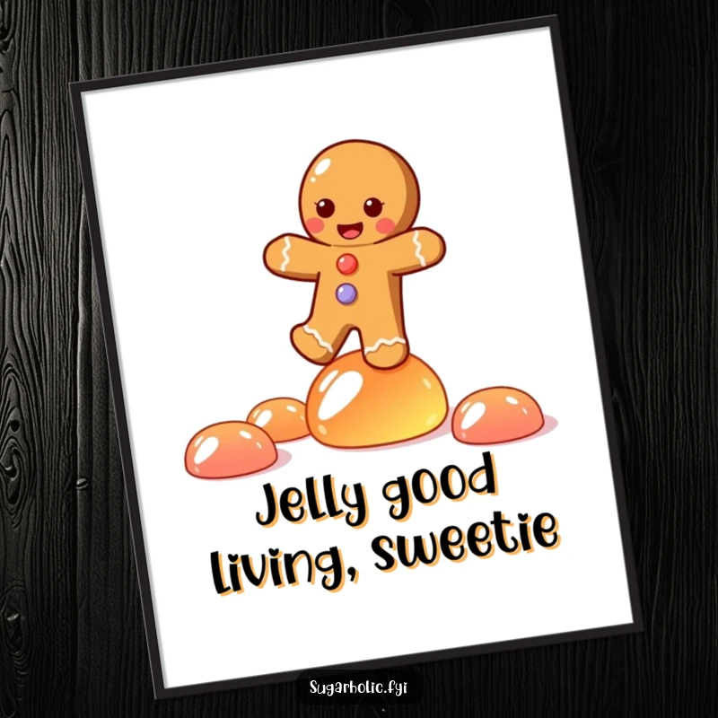 Funny Free Printable Wall Art: A joyful gingerbread person masterfully balances on a precarious pile of wobbling jelly candies.