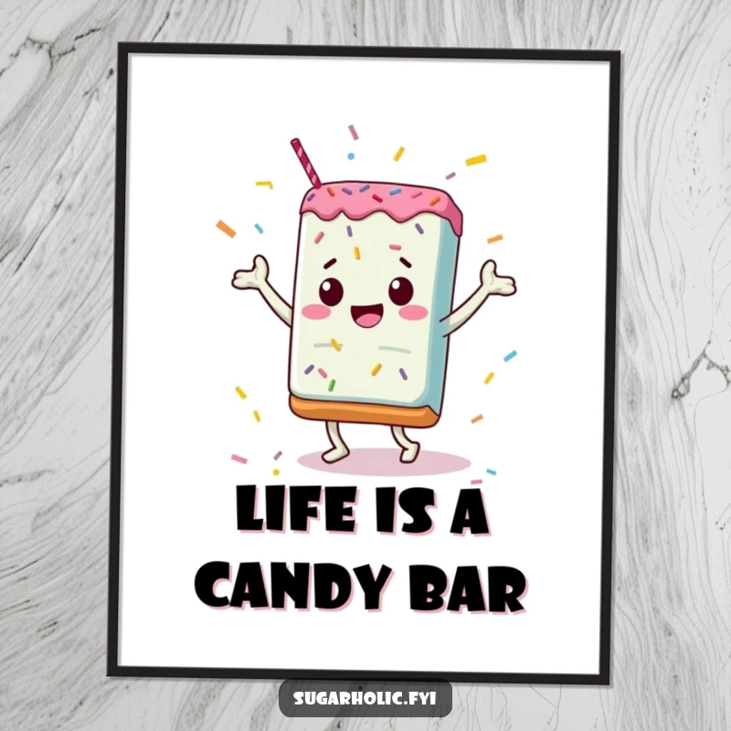 Funny free printable wall art: A jubilant candy bar is captured mid-dance move, surrounded by a lively scattering of colorful sprinkles.