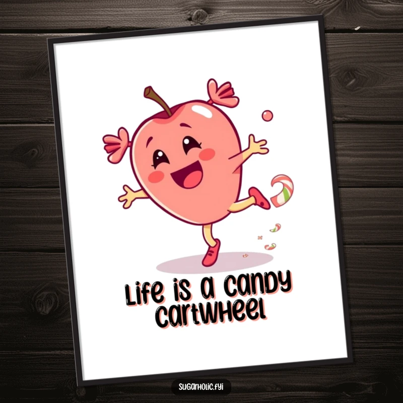 Funny Free Printable Wall Art: A thrilled candy apple character performs an energetic cartwheel, leaving a vibrant trail of sweets behind.