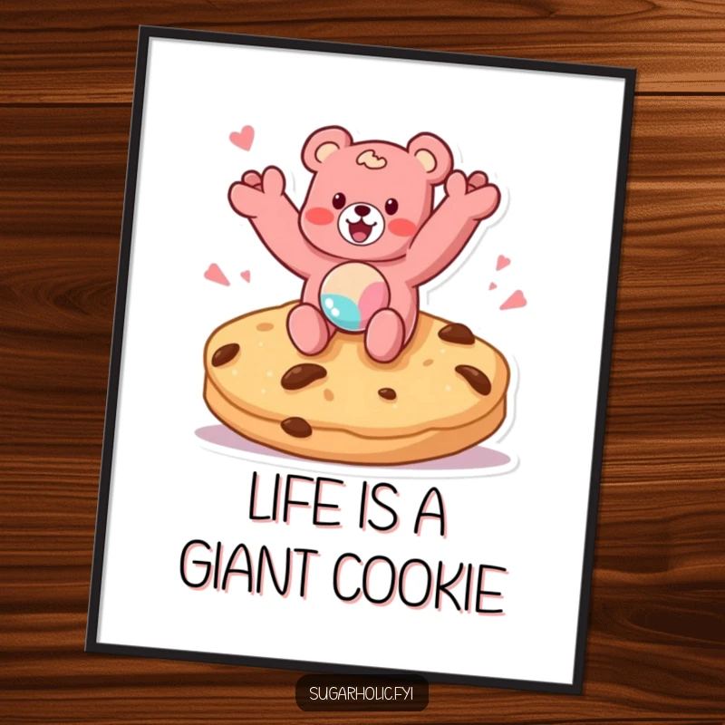 Funny Free Printable Wall Art: Gummy bear character excitedly jumping on a massive cookie.