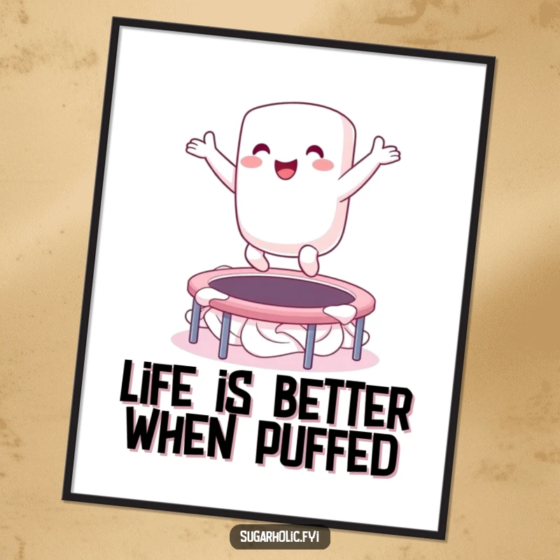 Funny Free Printable Marshmallow Wall Art: An ecstatic marshmallow character bouncing high on a whipped cream trampoline, adding playful decor.