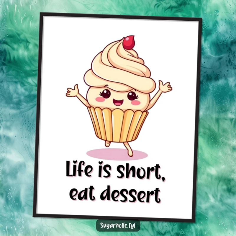 Funny free printable wall art of a cheerful cupcake character dancing playfully amidst swirls of colorful frosting, a whimsical and delightful decor piece.