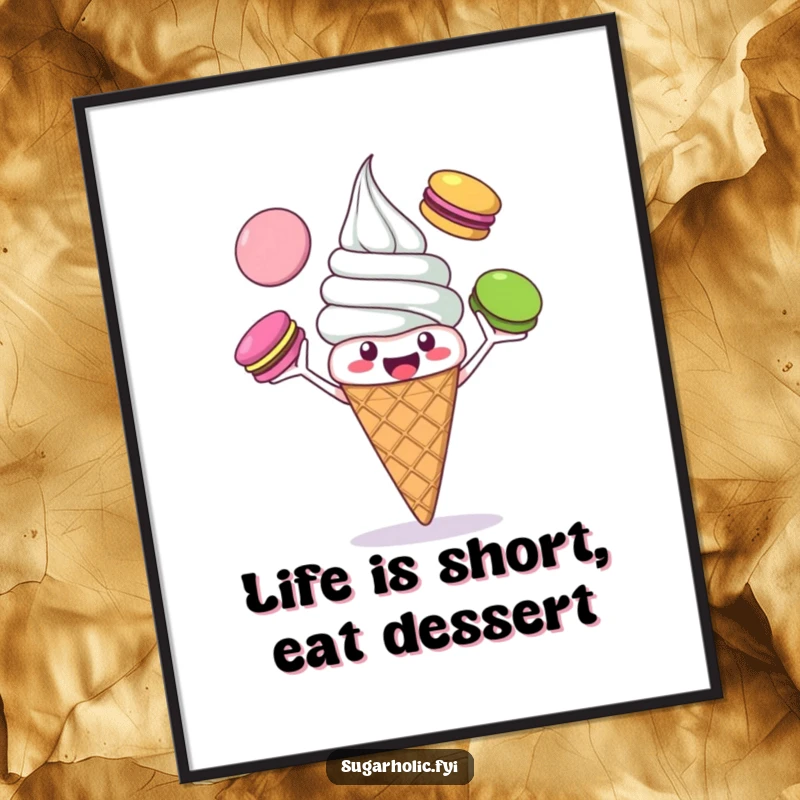 Funny Free Printable Wall Art: Cheerful ice cream cone gleefully juggling macarons, whimsical dessert theme, perfect downloadable decor.