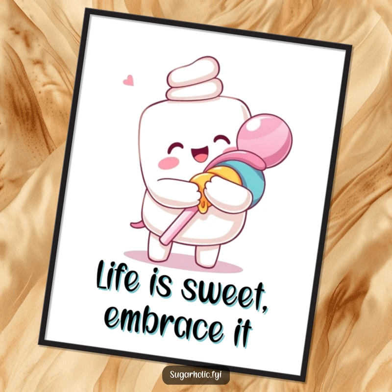 Funny free printable wall art of an ecstatic marshmallow character giving a huge, loving hug to an oversized lollipop, pure sweet bliss.