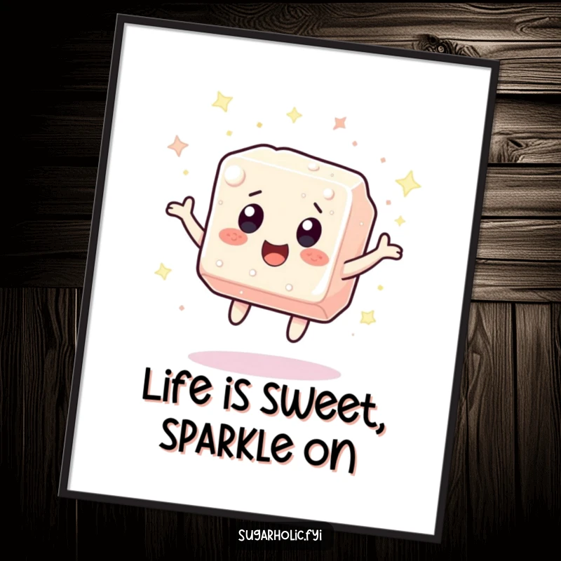 Funny Free Printable wall art of a sugar cube character bouncing energetically, surrounded by a magical swirl of bright sparkles.