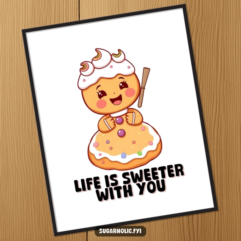 Funny Free Printable Wall Art: A gingerbread person character gleefully applies frosting to a giant, delicious sugar cookie.