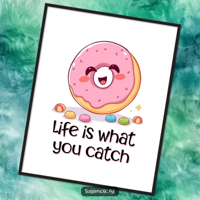 Funny Free Printable Wall Art of a gleeful donut catching candy with its hole, adding a humorous touch to any room.