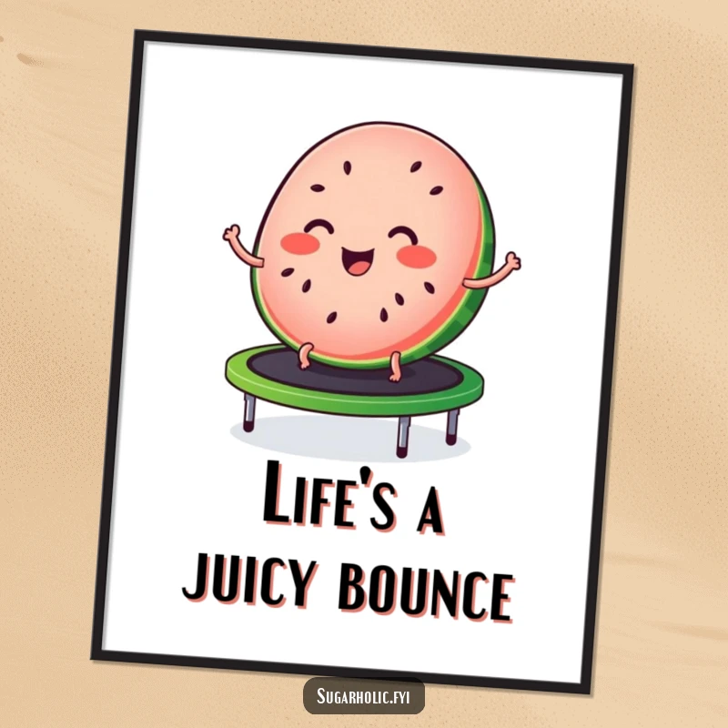 Funny free printable wall art of a joyful watermelon slice with freckle-like seeds bouncing high on a trampoline.