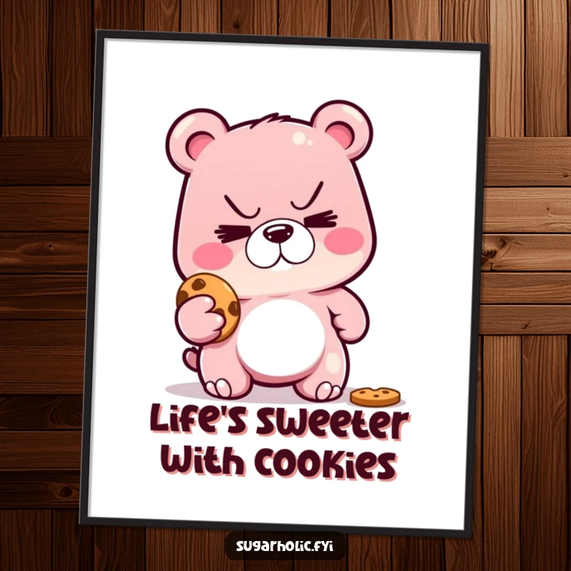 Funny Free Printable Wall Art: A sly gummy bear with a mischievous grin plotting to steal a cookie.