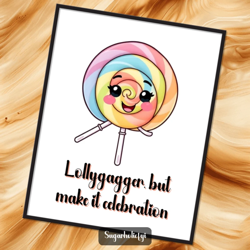 Funny Free Printable Wall Art: A smiling lollipop character spins with infectious delight, radiating pure joy.