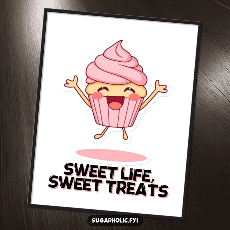 Funny Free Printable Wall Art: An energetic, excited cupcake character bouncing with infectious joy and colorful sprinkles.