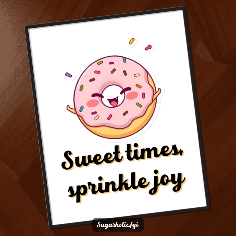 Funny Free Printable Wall Art: A cheerful donut character winks playfully while skillfully juggling a cascade of colorful sprinkles.